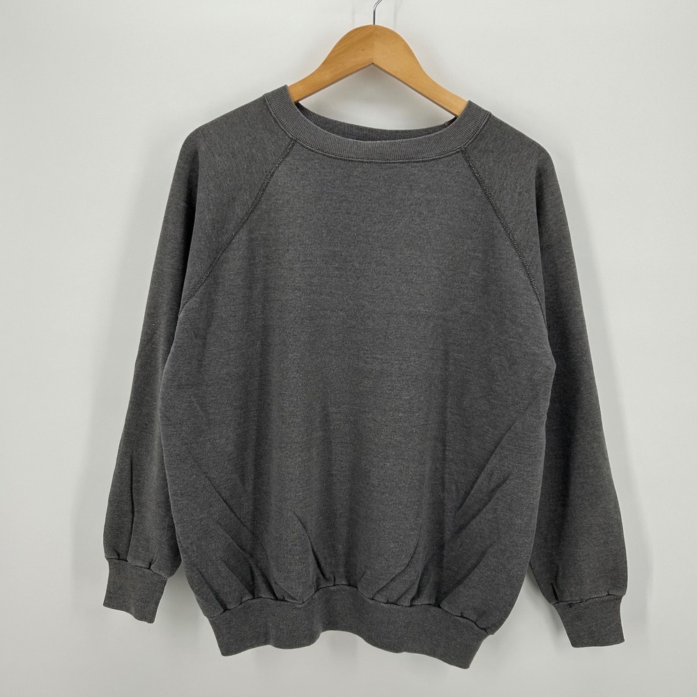 Vintage 70s Grey Raglan Blank Sweatshirt Mens Large Heathered Charcoal Crewneck